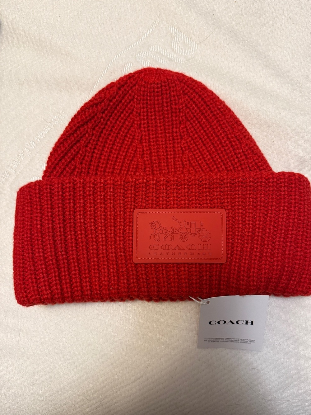 Coach Red Ribbed Cuff Beanie with Logo Patch